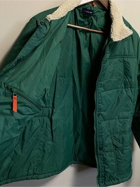 Lands' End Dark Green Quilted Puffer Chore Jacket Sherpa Collar Women’s Large